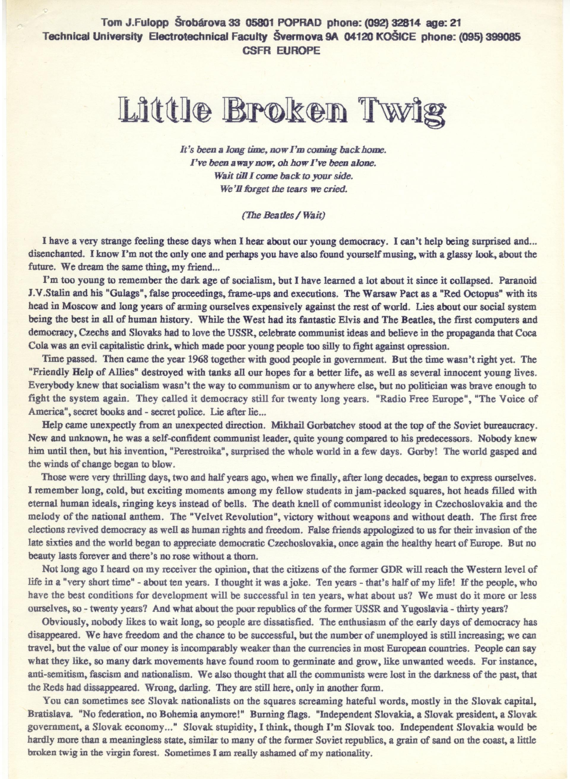 Pôvodný výtlačok eseje v angličtine Little Broken Twig