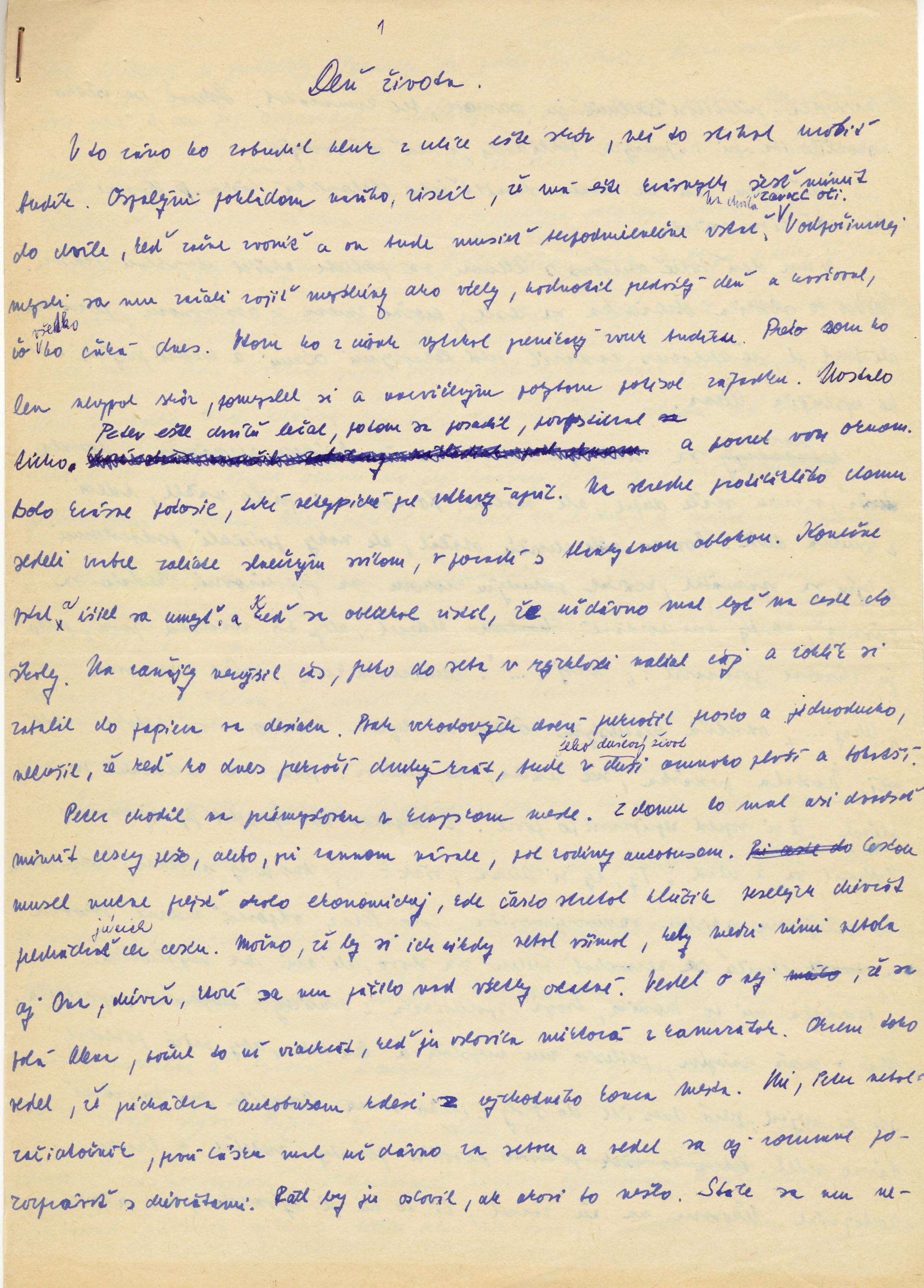 Prvá strana rukopisu poviedky Prvá strana rukopisu poviedky Deň života