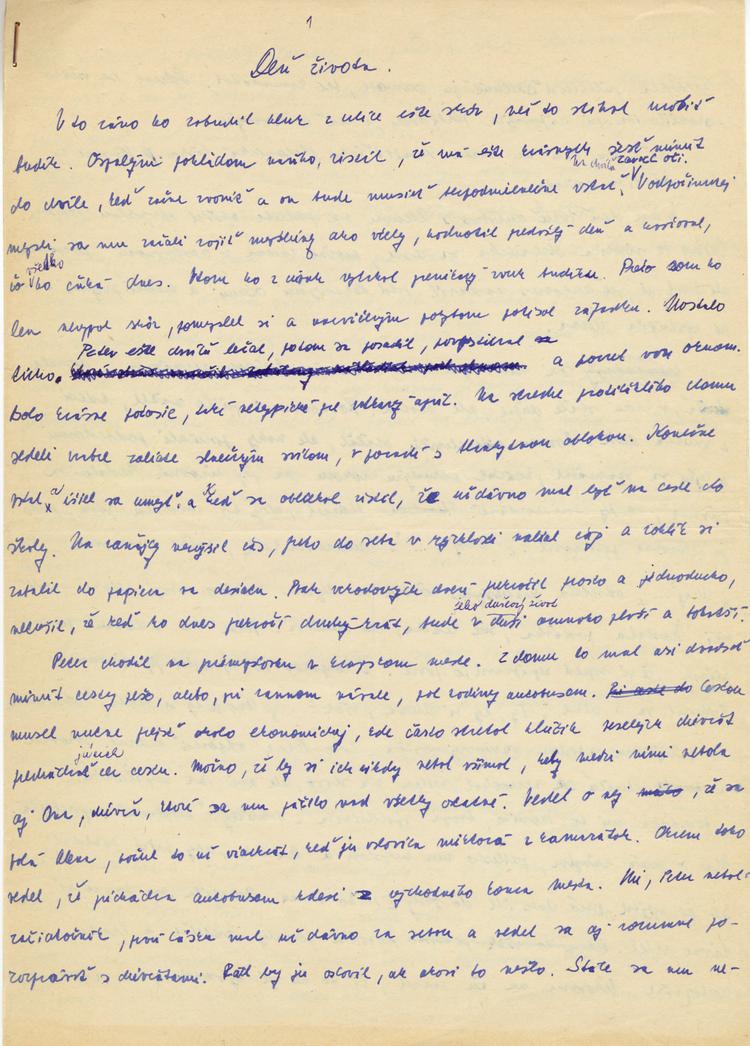 Prvá strana rukopisu poviedky Deň života