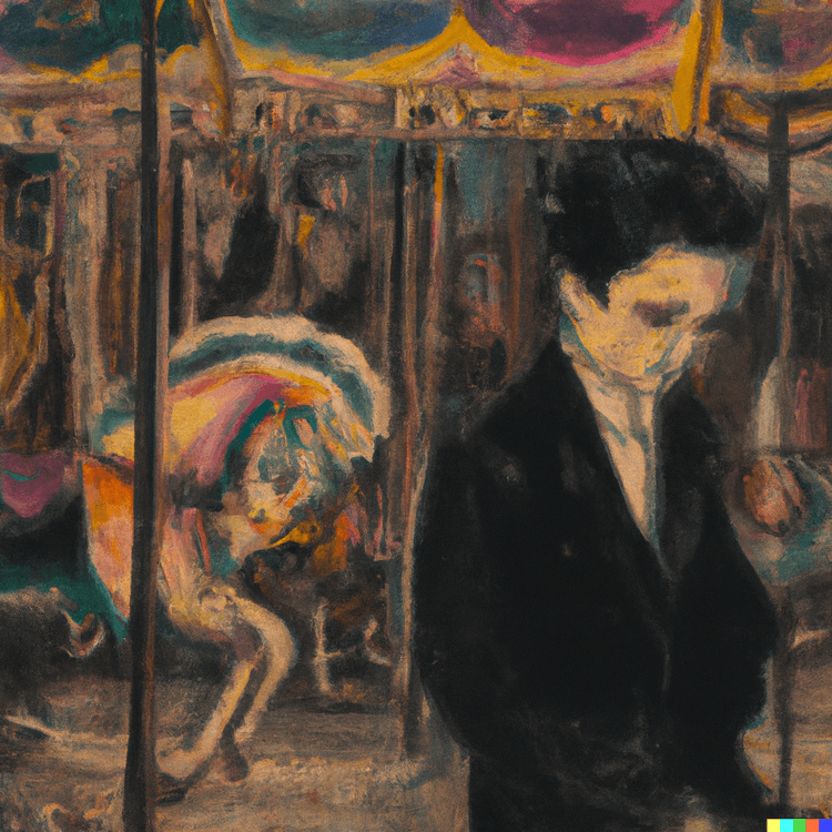 Pastel drawing of a teenage boy at a carousel