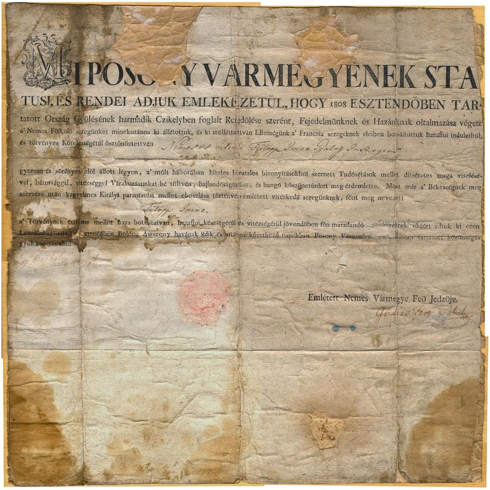 Historická listina z augusta 1810 z Bratislavy, v starej maďarčine