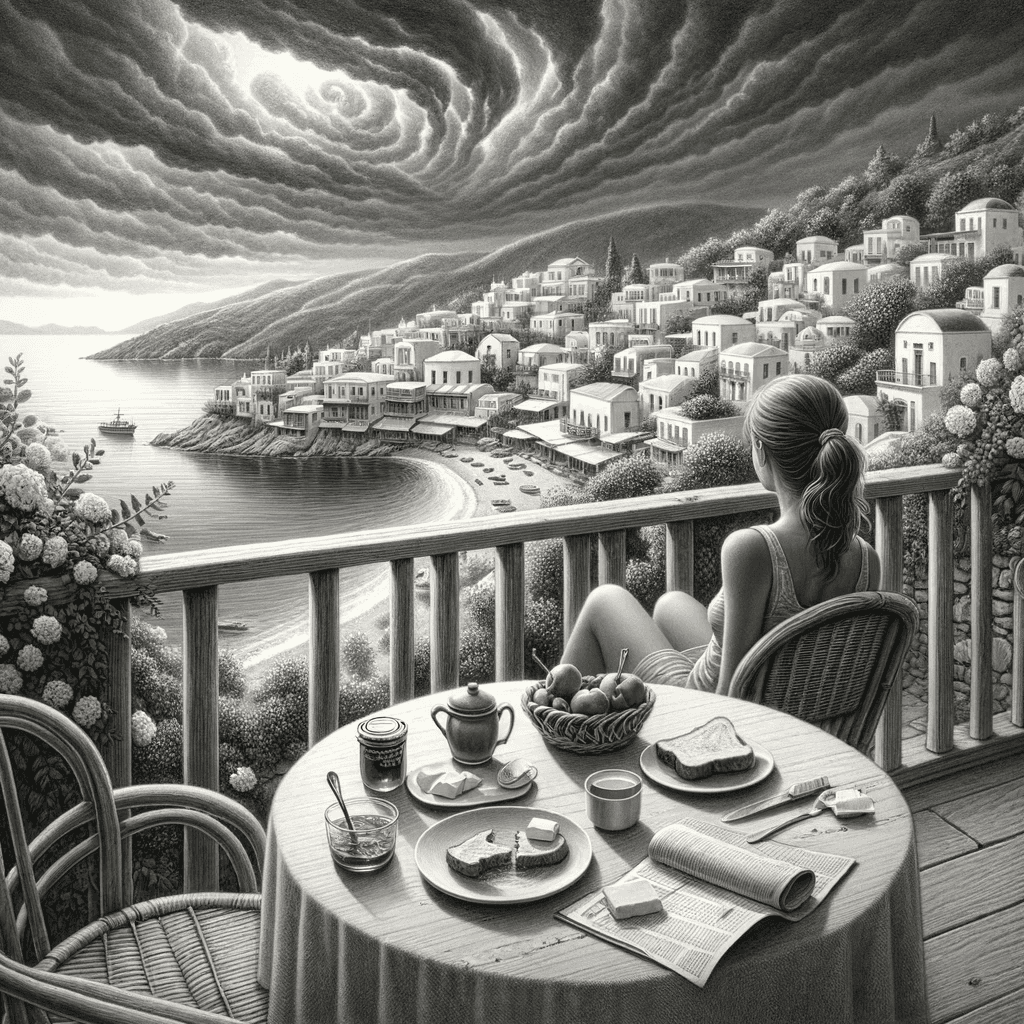 Pencil drawing of a girl on a Greek terrace in the morning