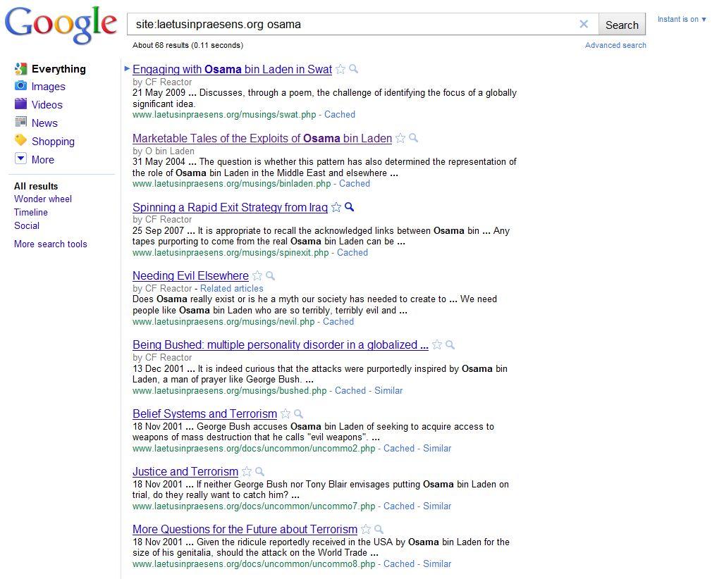 Google search results for keyword "osama" for site laetusinpraesens.org Google search results